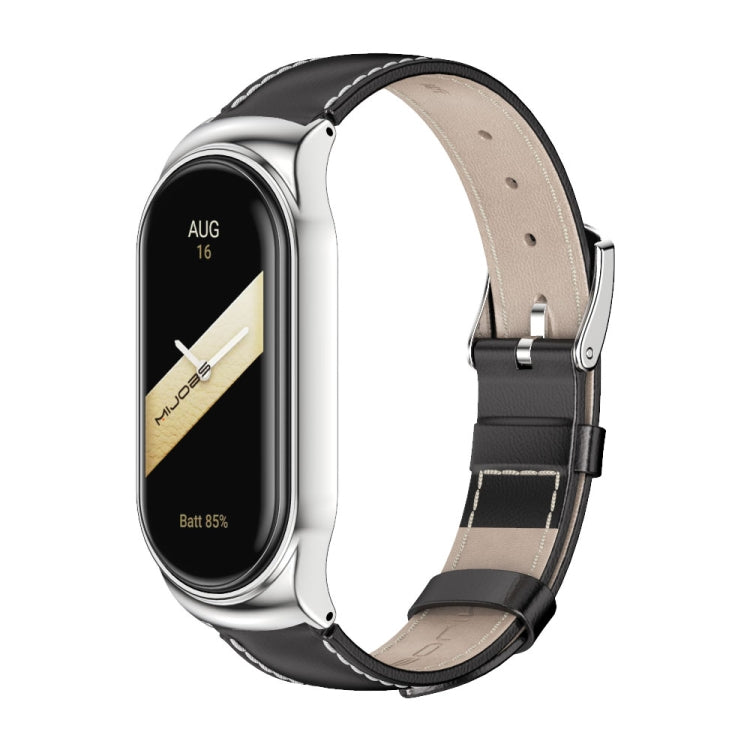 For Xiaomi Mi Band 8 Mijobs CS Case Genuine Leather Top Layer Cowhide Watch Band(Black Silver+White)