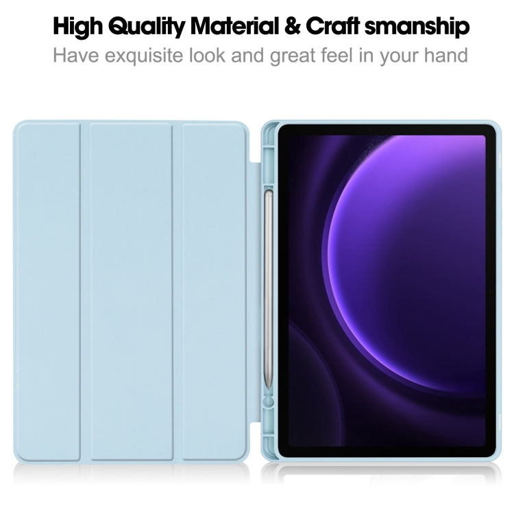 For Samsung Galaxy Tab S9 FE 3-Fold Pure Color TPU Smart Leather Tablet Case with Pen Slot(Light Blue)