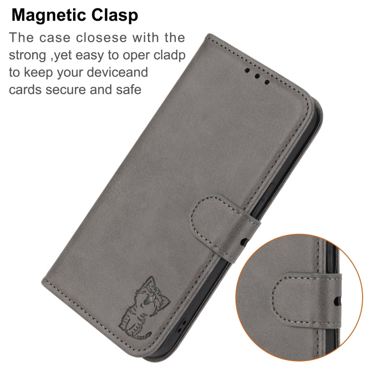 For iPhone 16e Embossed Happy Cat Pattern Flip Leather Phone Case(Grey)