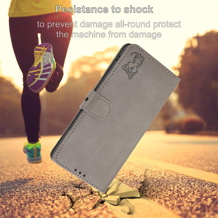 For iPhone 16e Embossed Happy Cat Pattern Flip Leather Phone Case(Grey) - iPhone 16e Cases by PMC TechLife | Online Shopping South Africa | PMC TechLife | Buy Now Pay Later Mobicred