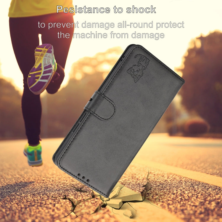 For iPhone 16e Embossed Happy Cat Pattern Flip Leather Phone Case(Black) - iPhone 16e Cases by PMC TechLife | Online Shopping South Africa | PMC TechLife | Buy Now Pay Later Mobicred