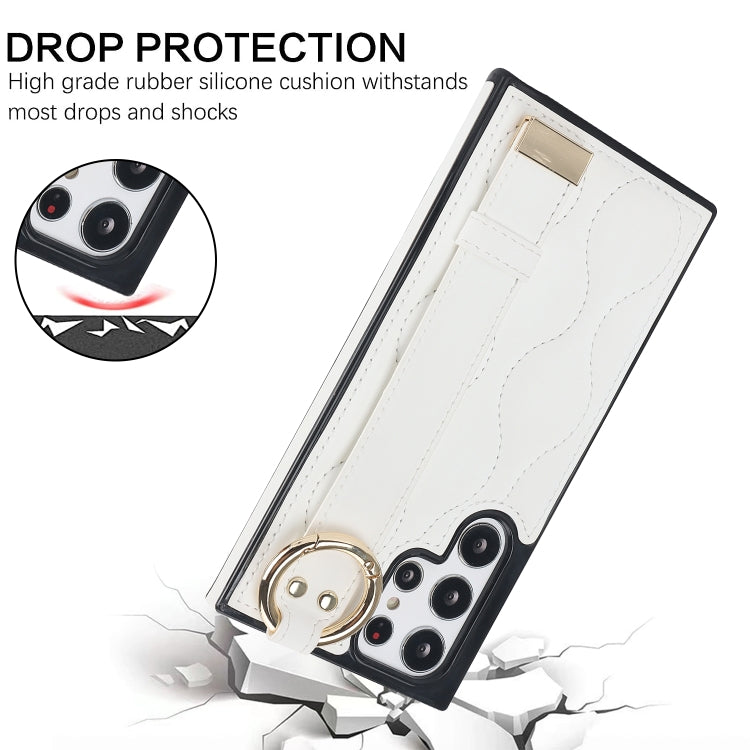 For Samsung Galaxy S22 Ultra Non-slip Full Coverage Ring PU Phone Case with Wristband(White)