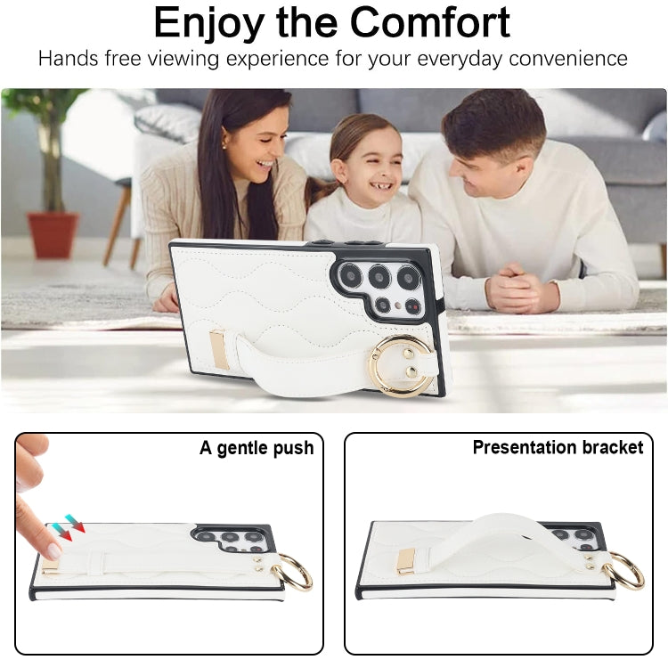 For Samsung Galaxy S22 Ultra Non-slip Full Coverage Ring PU Phone Case with Wristband(White)