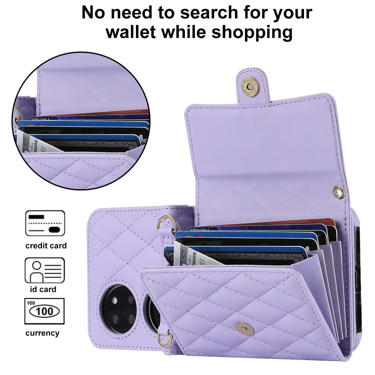 For Huawei P50 Pocket Rhombic Texture Card Bag PU Phone Case with Long Lanyard(Purple)