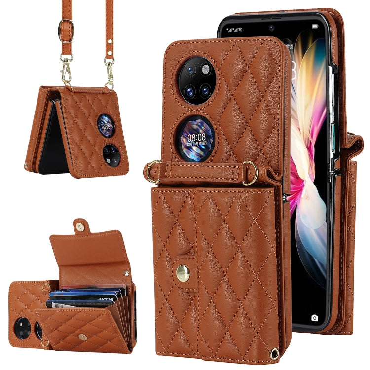 For Huawei P50 Pocket Rhombic Texture Card Bag PU Phone Case with Long Lanyard(Brown)