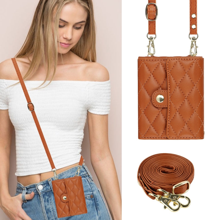 For Huawei P50 Pocket Rhombic Texture Card Bag PU Phone Case with Long Lanyard(Brown) - Huawei Cases by PMC TechLife | Online Shopping South Africa | PMC TechLife | Buy Now Pay Later Mobicred