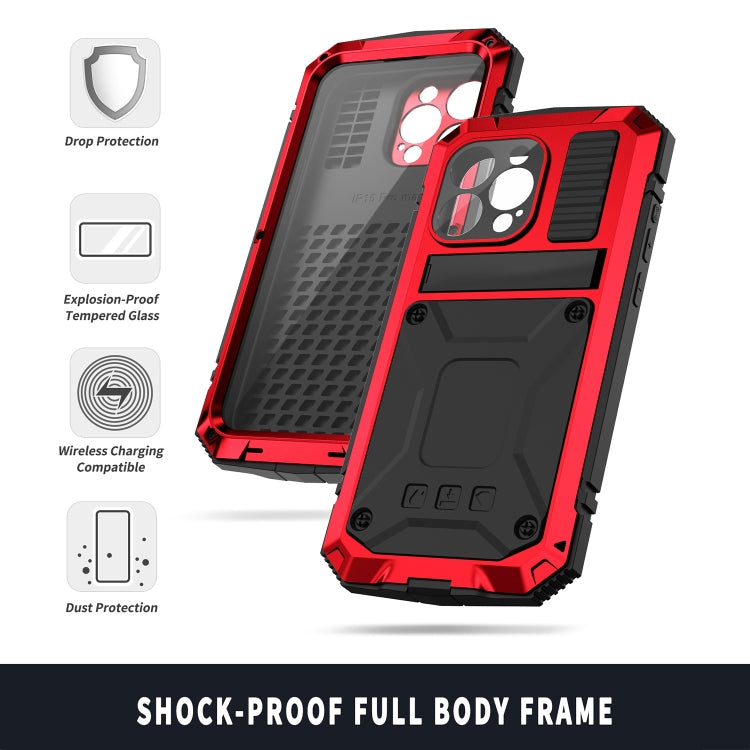 For iPhone 15 Pro R-JUST Shockproof Life Water-resistant Dust-proof Metal + Silicone Phone Case with Holder(Red)