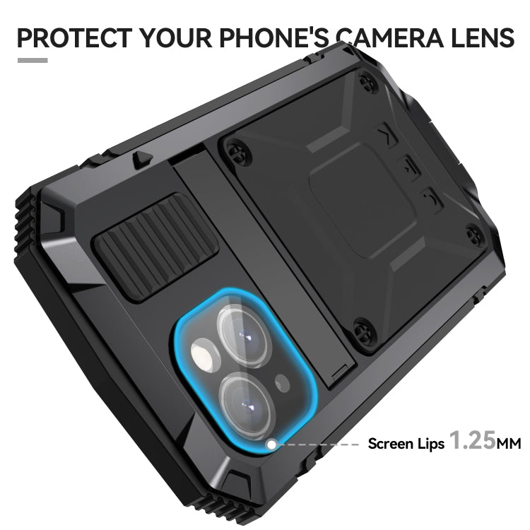 For iPhone 15 Plus R-JUST Shockproof Life Water-resistant Dust-proof Metal + Silicone Phone Case with Holder(Black)