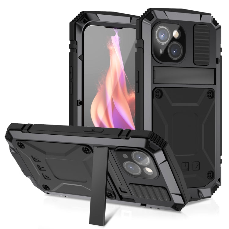 For iPhone 15 R-JUST Shockproof Life Water-resistant Dust-proof Metal + Silicone Phone Case with Holder(Black)