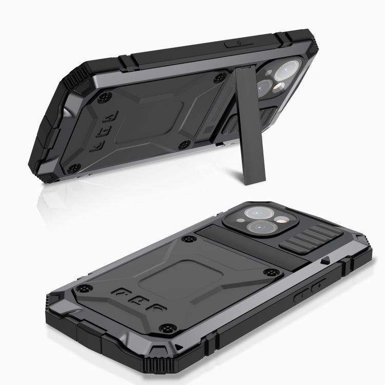 For iPhone 15 R-JUST Shockproof Life Water-resistant Dust-proof Metal + Silicone Phone Case with Holder(Black)
