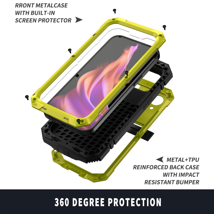 For iPhone 15 R-JUST Shockproof Life Water-resistant Dust-proof Metal + Silicone Phone Case with Holder(Yellow)