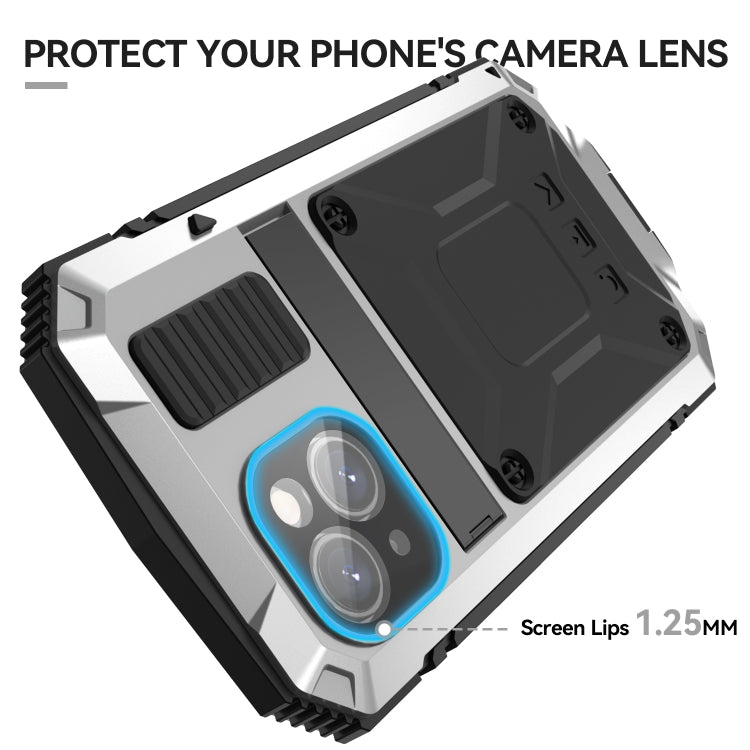 For iPhone 15 R-JUST Shockproof Life Water-resistant Dust-proof Metal + Silicone Phone Case with Holder(Silver)