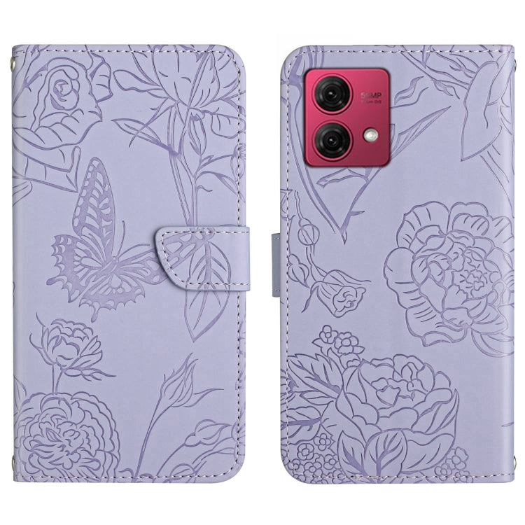 For Motorola Moto G84 HT03 Skin Feel Butterfly Embossed Flip Leather Phone Case(Purple)