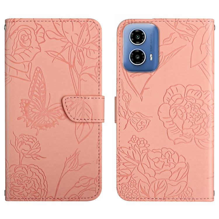 For Motorola Edge 5G 2024 HT03 Skin Feel Butterfly Embossed Flip Leather Phone Case(Pink)