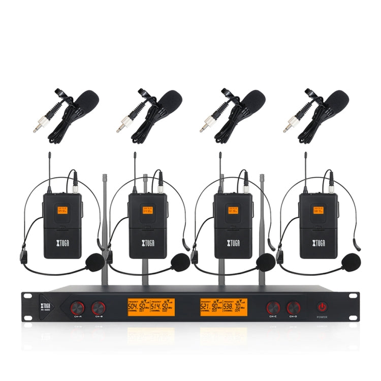 XTUGA A400-B Professional 4-Channel UHF Wireless Microphone System with 4 BodyPack Lavalier Headset Microphone(US Plug)