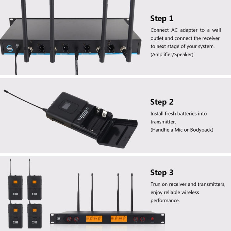XTUGA A400-B Professional 4-Channel UHF Wireless Microphone System with 4 BodyPack Lavalier Headset Microphone(US Plug)