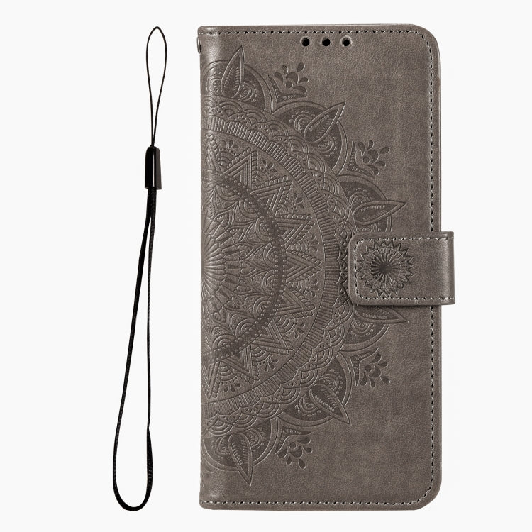 For iPhone 16 Pro Max Totem Flower Embossed Leather Phone Case(Grey)