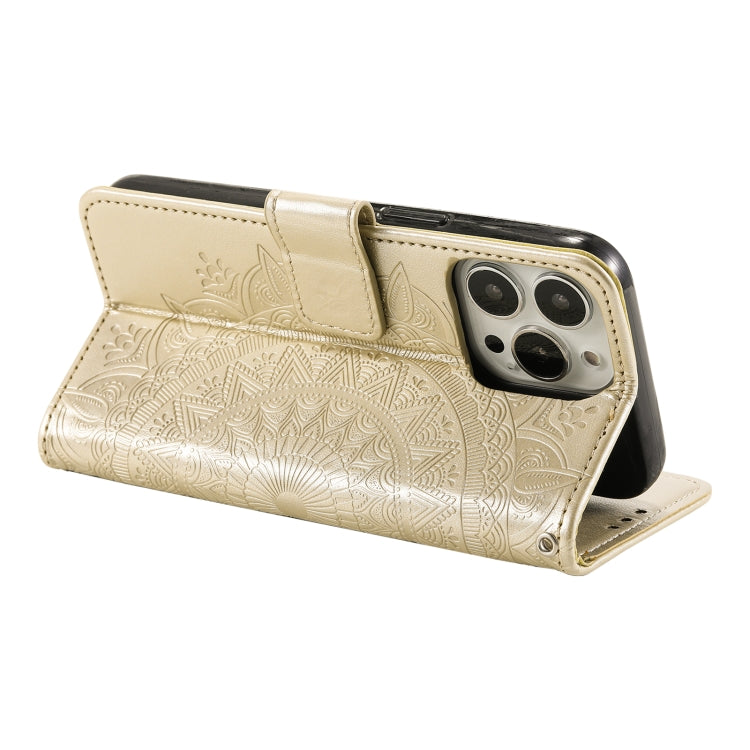 For iPhone 16 Pro Totem Flower Embossed Leather Phone Case(Gold)