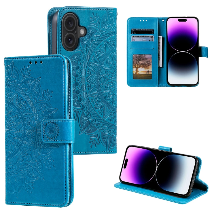 For iPhone 16 Plus Totem Flower Embossed Leather Phone Case(Blue)