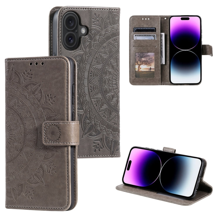 For iPhone 16 Totem Flower Embossed Leather Phone Case(Grey)