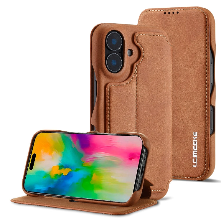 For iPhone 16 Plus LC.IMEEKE Hon Ancient Series Flip Leather Phone Case(Brown)