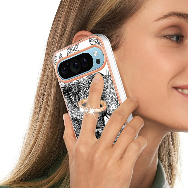 For Google Pixel 9 Pro XL Electroplating Dual-side IMD Phone Case with Ring Holder(Totem Elephant) - Google Cases by PMC TechLife | Online Shopping South Africa | PMC TechLife | Buy Now Pay Later Mobicred