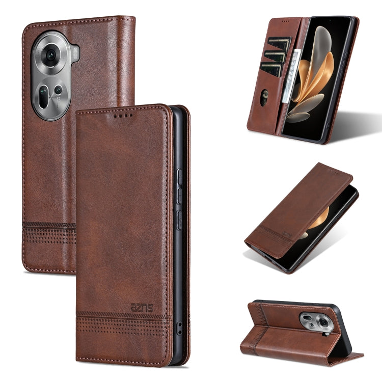 For OPPO Reno11 Global AZNS Magnetic Calf Texture Flip Leather Phone Case(Dark Brown)