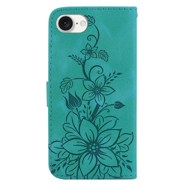 For iPhone 16e Lily Embossed Leather Phone Case(Green)