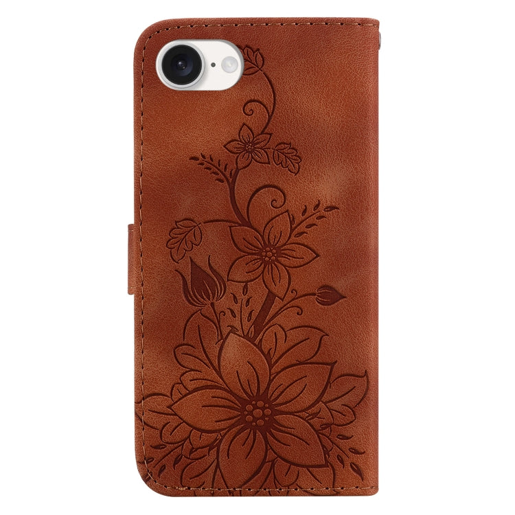 For iPhone 16e Lily Embossed Leather Phone Case(Brown)