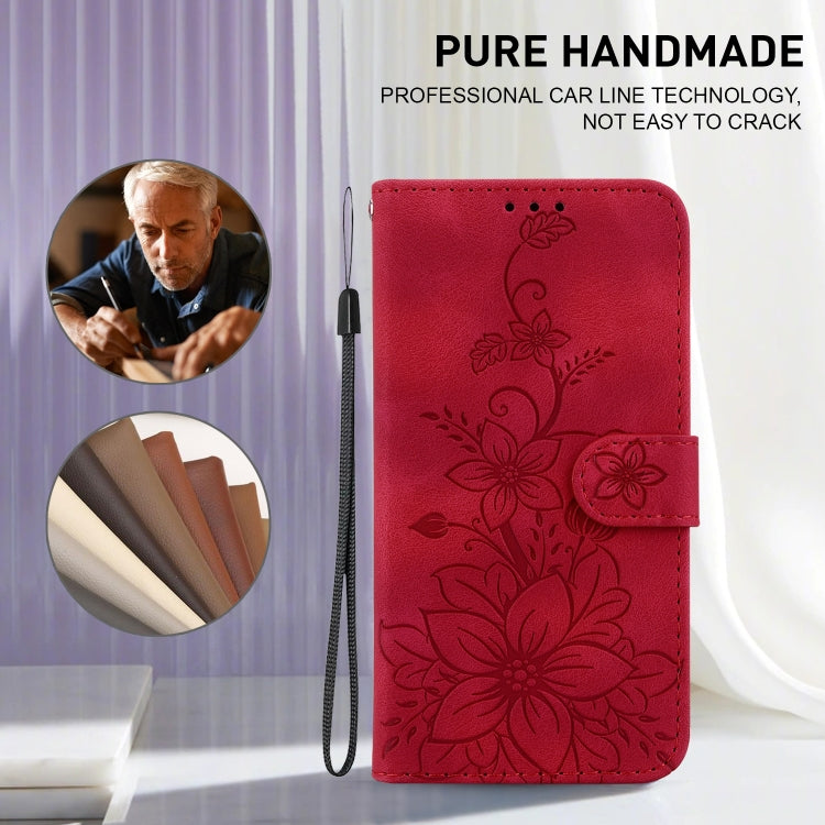 For iPhone 16e Lily Embossed Leather Phone Case(Red) - iPhone 16e Cases by PMC TechLife | Online Shopping South Africa | PMC TechLife | Buy Now Pay Later Mobicred