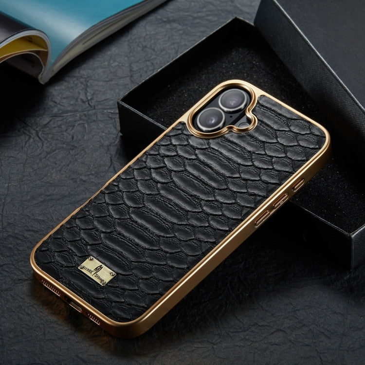 For iPhone 16 Fierre Shann Python Texture Electroplating PU Phone Case(Black)