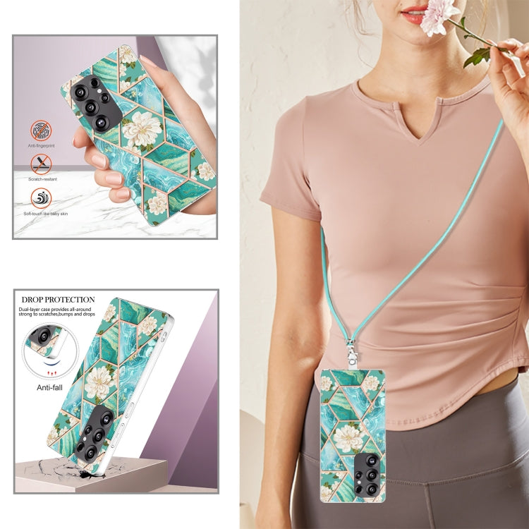 For Samsung Galaxy S25 Ultra 5G Electroplating Splicing Marble Flower IMD TPU Phone Case with Lanyard(Blue Flower) - Galaxy S25 Ultra 5G Cases by PMC Jewellery | Online Shopping South Africa | PMC Jewellery | Buy Now Pay Later Mobicred