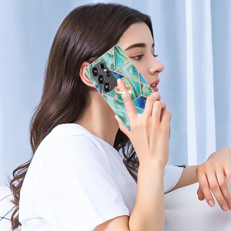 For Samsung Galaxy S25 Ultra 5G Splicing Marble Flower IMD TPU Phone Case Ring Holder(Green) - Galaxy S25 Ultra 5G Cases by PMC TechLife | Online Shopping South Africa | PMC TechLife | Buy Now Pay Later Mobicred