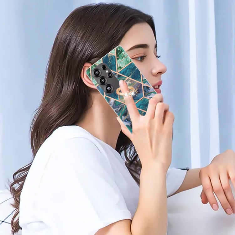 For Samsung Galaxy S25 Ultra 5G Splicing Marble Flower IMD TPU Phone Case Ring Holder(Blue Green) - Galaxy S25 Ultra 5G Cases by PMC TechLife | Online Shopping South Africa | PMC TechLife | Buy Now Pay Later Mobicred