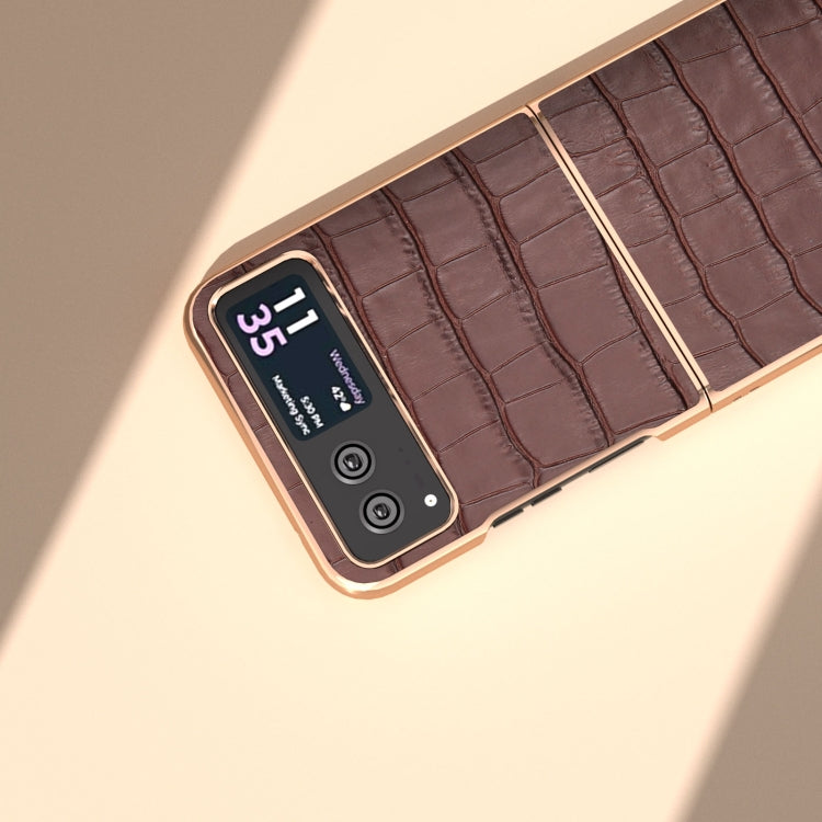 For Motorola Razr 40 Crocodile Texture Genuine Leather Electroplating Phone Case(Brown) - Motorola Cases by PMC TechLife | Online Shopping South Africa | PMC TechLife | Buy Now Pay Later Mobicred