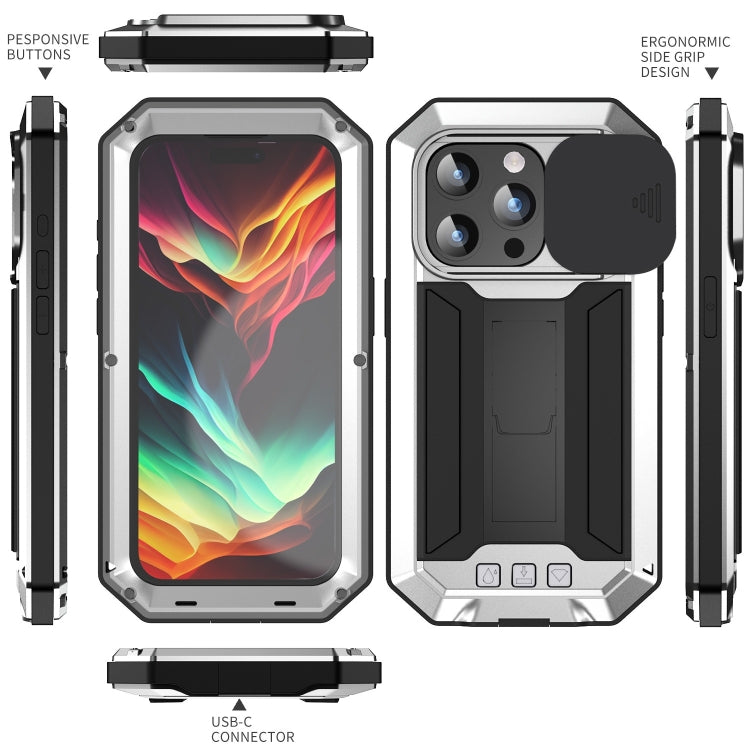 For iPhone 15 Pro Max R-JUST Sliding Camera IP54 Life Waterproof Holder Phone Case(Silver) - free shipping - PMC Jewellery - Order now!