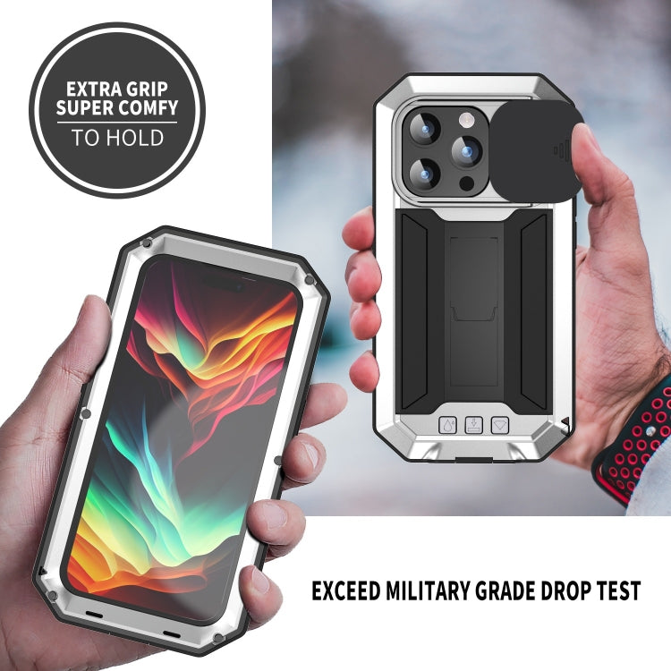 For iPhone 15 Pro Max R-JUST Sliding Camera IP54 Life Waterproof Holder Phone Case(Silver) - free shipping - PMC Jewellery - Order now!