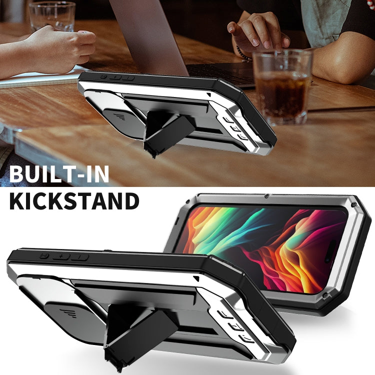 For iPhone 15 Pro Max R-JUST Sliding Camera IP54 Life Waterproof Holder Phone Case(Silver) - free shipping - PMC Jewellery - Order now!