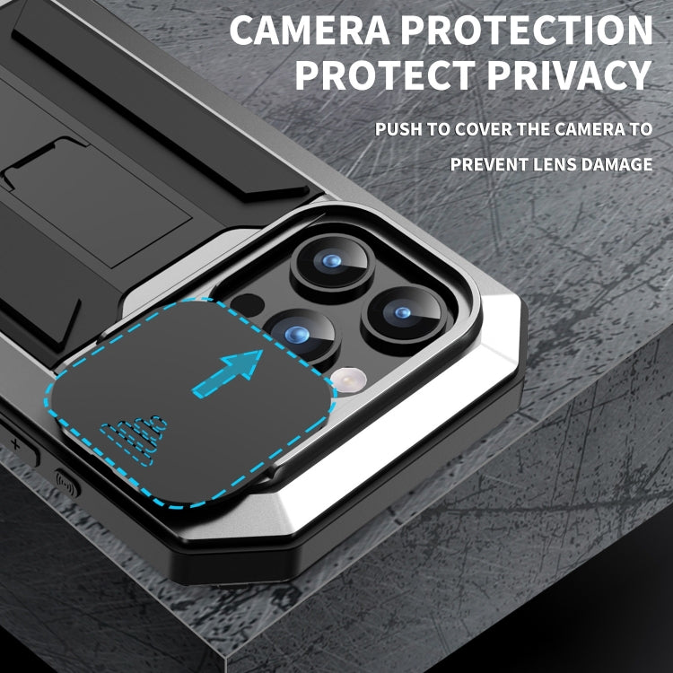 For iPhone 15 Pro Max R-JUST Sliding Camera IP54 Life Waterproof Holder Phone Case(Silver) - free shipping - PMC Jewellery - Order now!