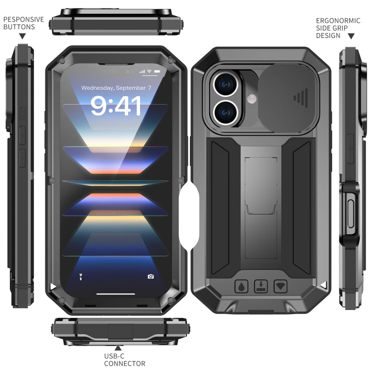 For iPhone 16 Plus R-JUST Sliding Camera IP54 Life Water-resistant Holder Phone Case(Black)