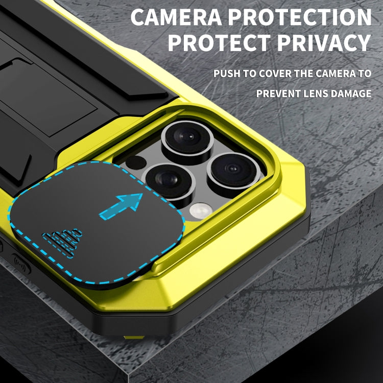For iPhone 16 Pro Max R-JUST Sliding Camera IP54 Life Waterproof Holder Phone Case(Yellow) - free shipping - PMC Jewellery - Order now!