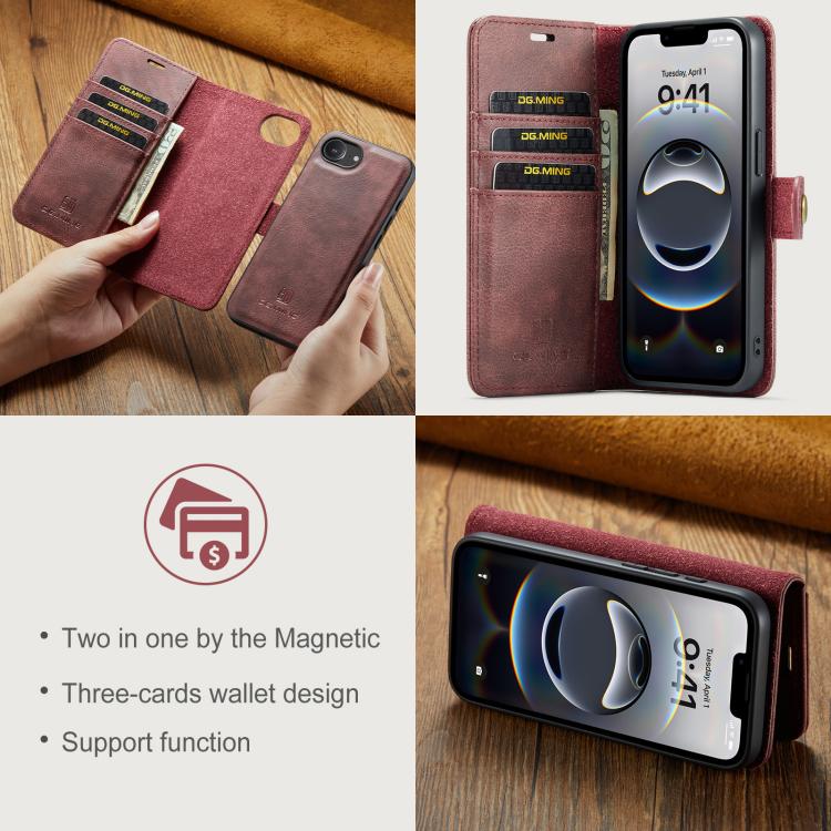 For iPhone 16e DG.MING Crazy Horse Texture Detachable Magnetic Leather Phone Case(Red) - free shipping - PMc TechLife - Order now!