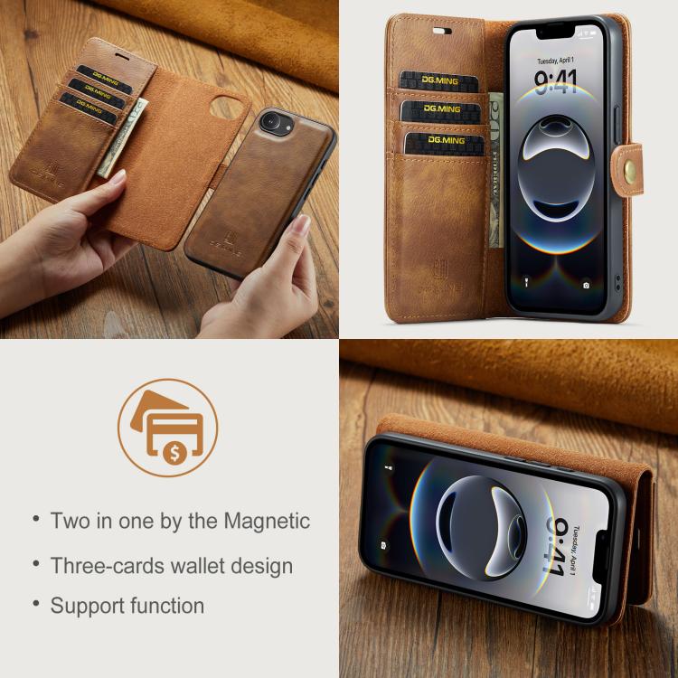 For iPhone 16e DG.MING Crazy Horse Texture Detachable Magnetic Leather Phone Case(Brown) - free shipping - PMc TechLife - Order now!