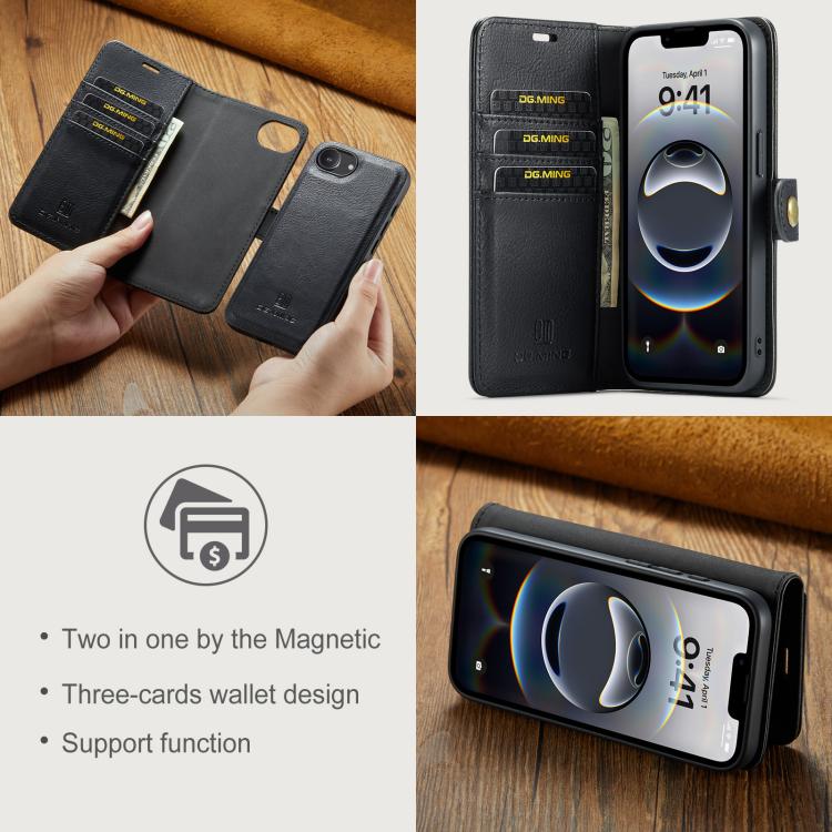For iPhone 16e DG.MING Crazy Horse Texture Detachable Magnetic Leather Phone Case(Black) - free shipping - PMc TechLife - Order now!