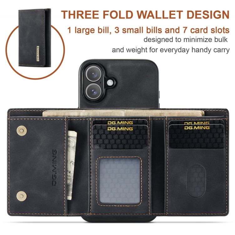 For iPhone 16 Plus DG.MING M1 Series 3-Fold Multi Card Wallet Leather Phone Case(Black)