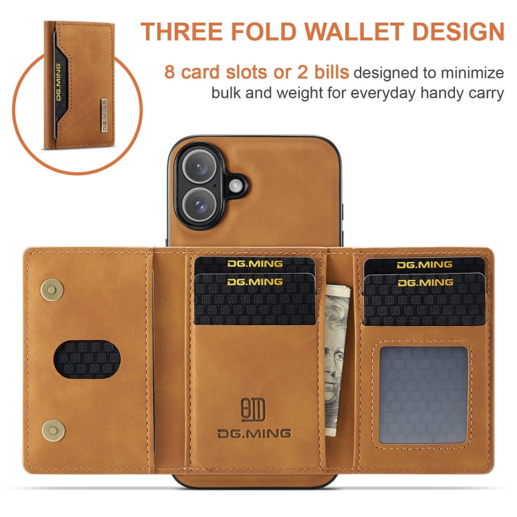 For iPhone 16 DG.MING M2 Series 3-Fold Card Bag Wallet Leather Phone Case(Brown)
