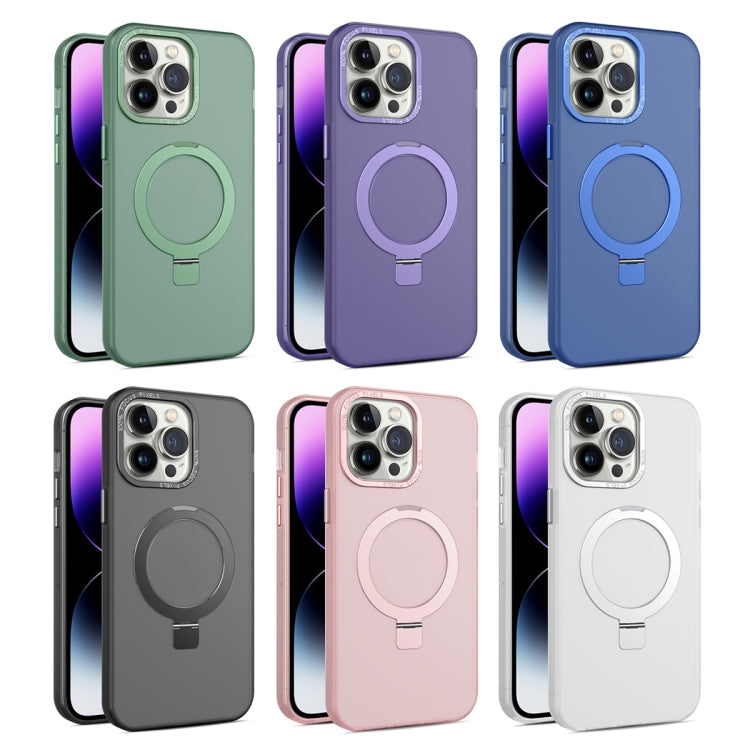 For iPhone 15 Plus MagSafe Metal Holder Frosted Translucent Phone Case(Dark Purple)