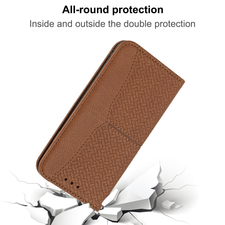 For iPhone 16e Woven Texture Stitching Magnetic Leather Phone Case(Brown) - iPhone 16e Cases by PMC TechLife | Online Shopping South Africa | PMC TechLife | Buy Now Pay Later Mobicred