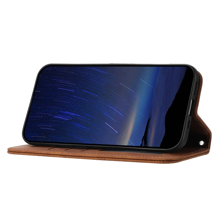 For iPhone 16e Embossed Stripes Skin Feel Leather Phone Case(Brown)
