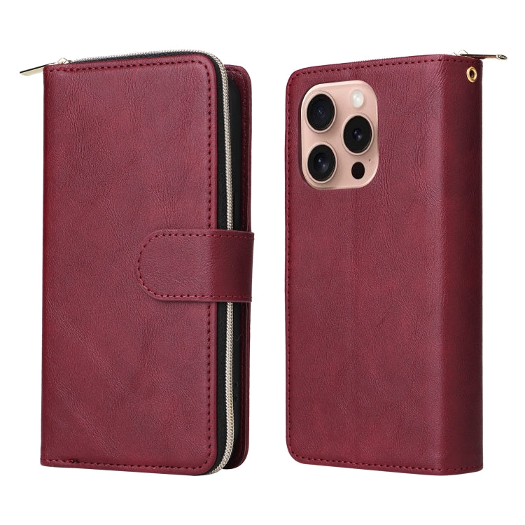 For iPhone 16 Pro 9 Card Slots Zipper Wallet Bag Leather Phone Case(Wine Red)